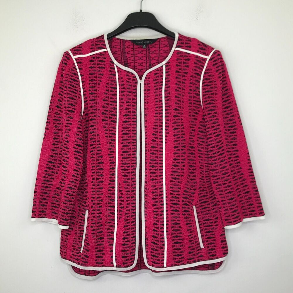 Ming Wang Women's Small Cardigan Sweater Pink White Ruched Panel Acrylic BZ30